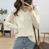 Loose Slimming V-neck Solid Color Long-sleeved Sweater - Minihomy