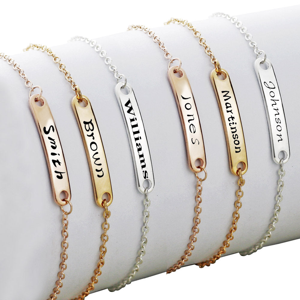 Stainless Steel Strip Simple Bangle Engraved Name Lettering Smooth Curved Bracelet