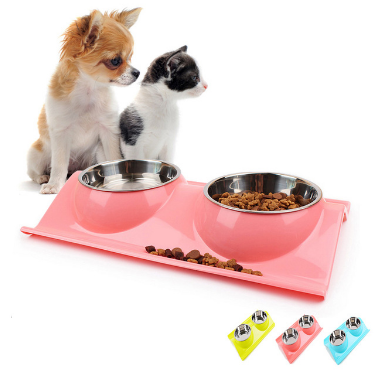 Pet Dog Bowl Puppy Cat Bowl Water Food Storage Feeder Non-toxic PP Resin Stainless Steel Combo Rice Basin 3 Colors - Minihomy