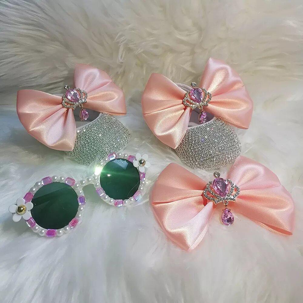 Handmade Bow Rhinestones Baby Girl Kids Shoes Hairband Sunglasses Comb - Minihomy