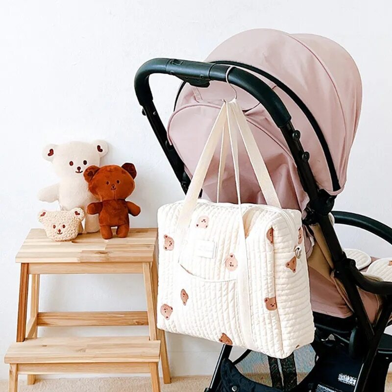 Bear Embroidery Baby Diaper Bag for Mother Cotton Mommy Bag Maternity Nappy Stroller Organizer Women Shoulder Bag Travel Outdoor - Minihomy