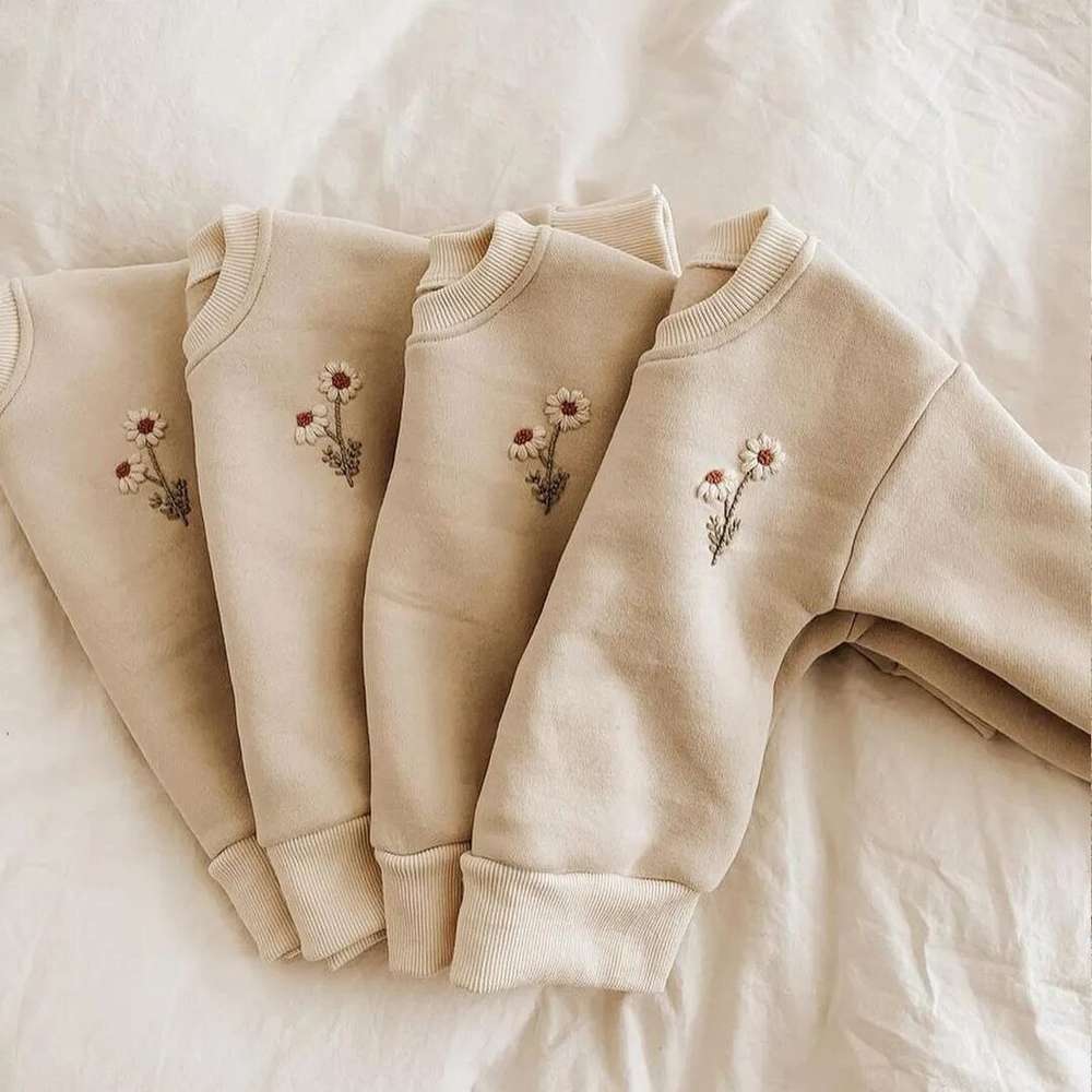 Baby Girls Clothes Set Fleece Embroidery Daisy Pullover Sweatshirt+Jogger Pants Set - Minihomy