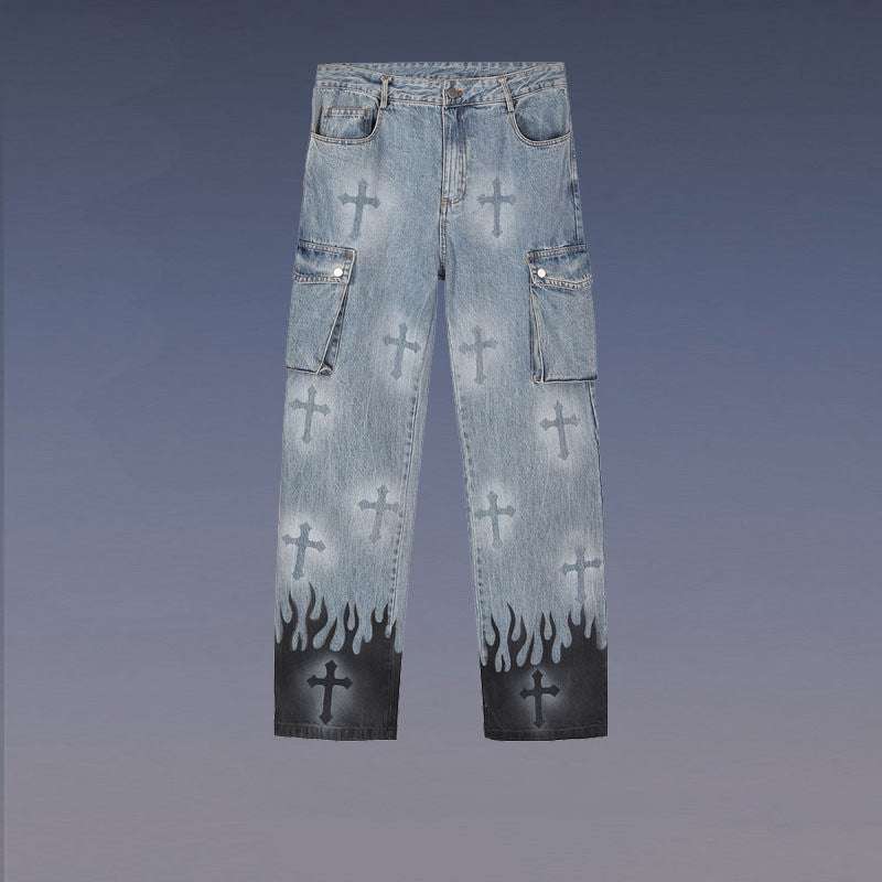 High Street Retro Cross Graffiti Loose Straight Jeans - Minihomy