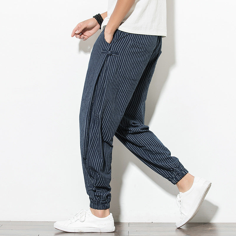 Thin Breathable Cotton and Linen Disc Buckle Casual Harem Pants