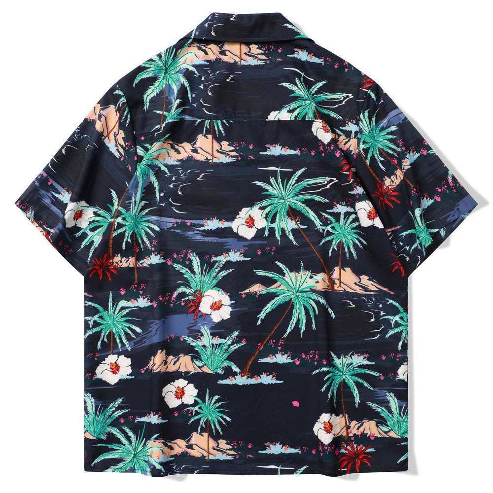 Men Short Sleeve Shirts Vintage Flower Print Streetwear Retro Summer Man Blouse - Minihomy