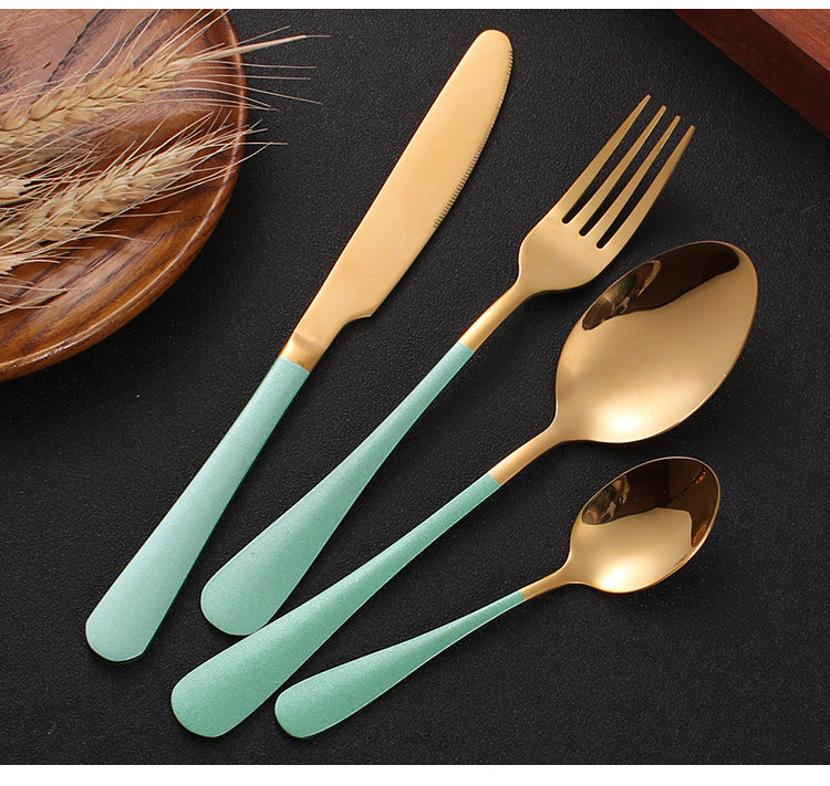 Stainless steel gold plated colorful knife and fork spoon set of four