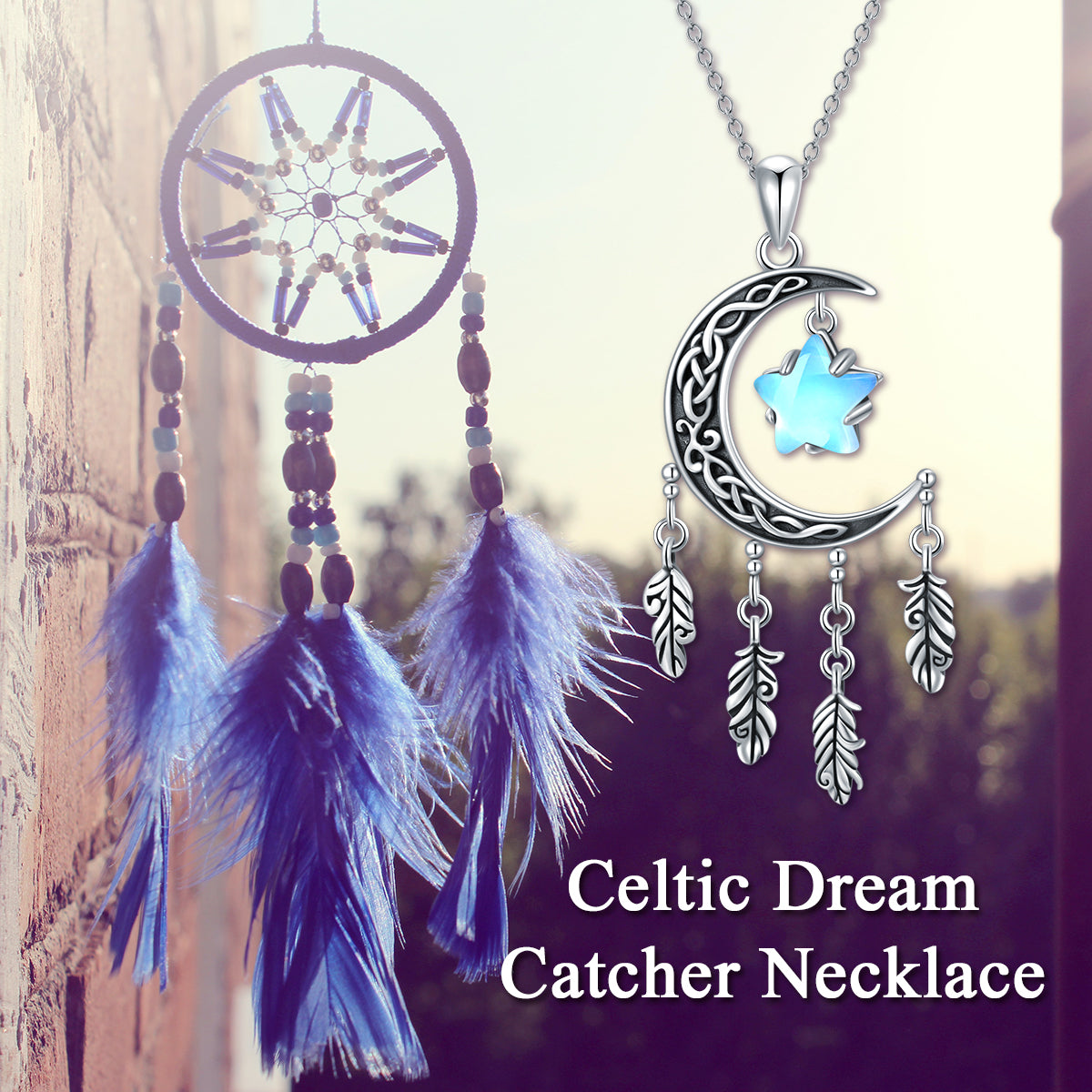 Sterling Silver Celtic Dream Catcher Necklace for Women Moon and Stars Necklace