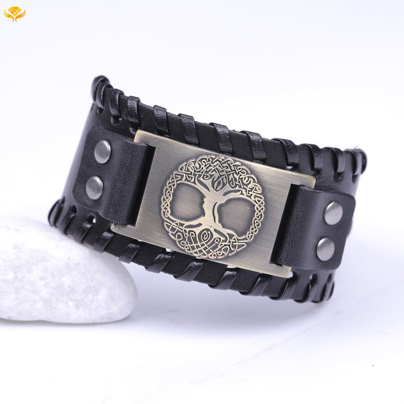 Wide Leather Alloy Tree of Life Bracelet