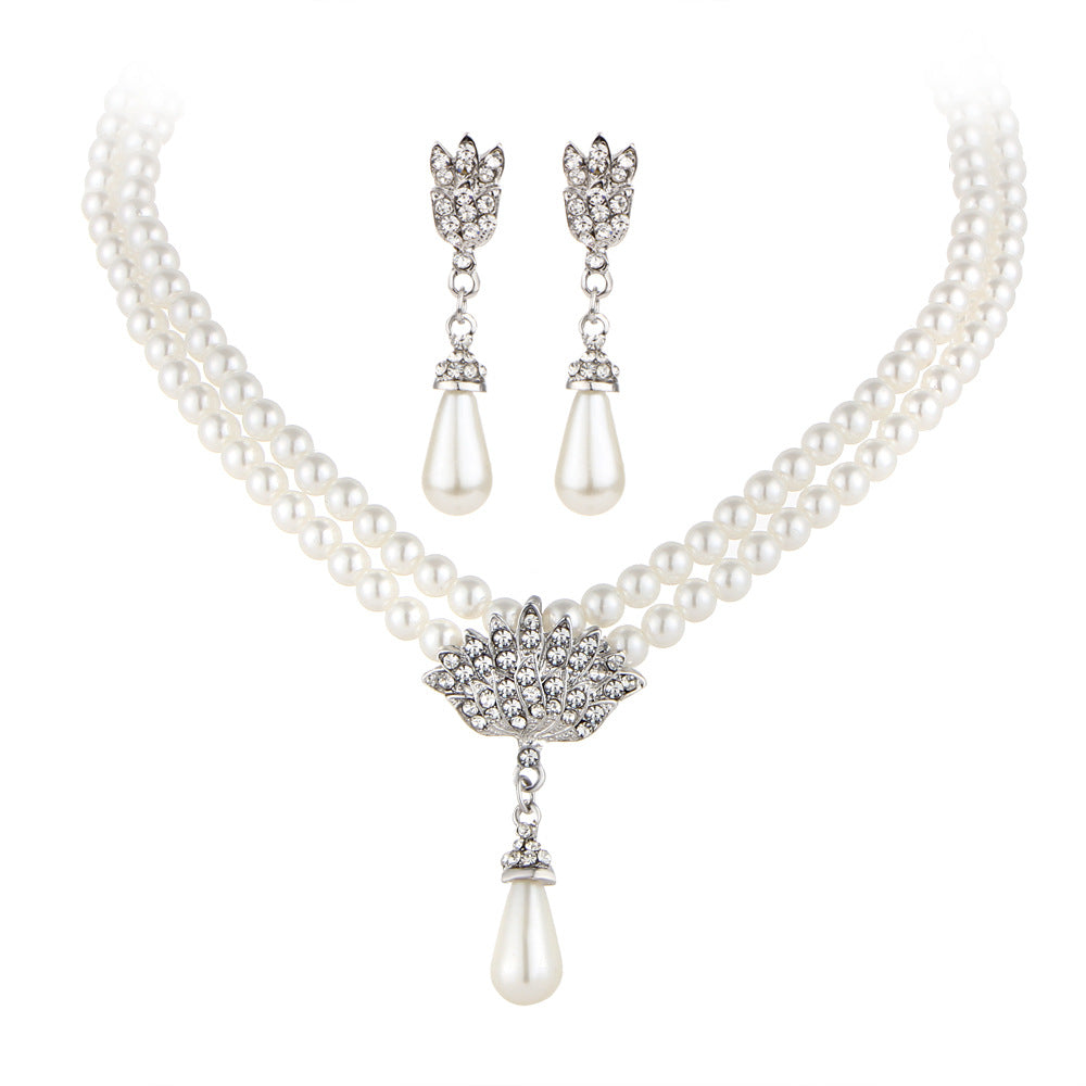 Jewelry Bridal Pearl Crystal Diamond Short Clavicle Neck Necklace Set - Minihomy