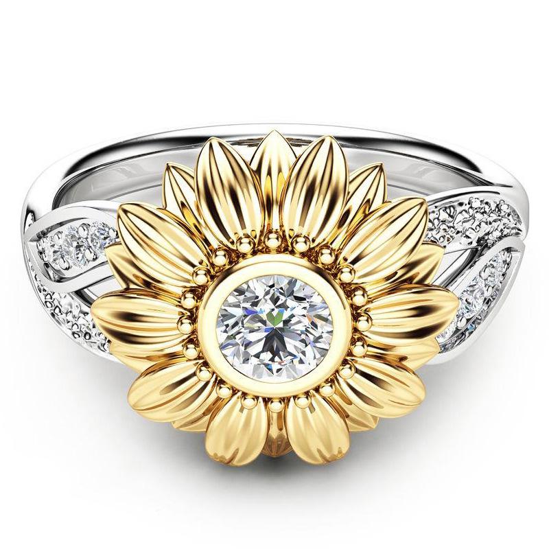 Gold-plated couple ring sunflower flower color separation zircon ring - Minihomy