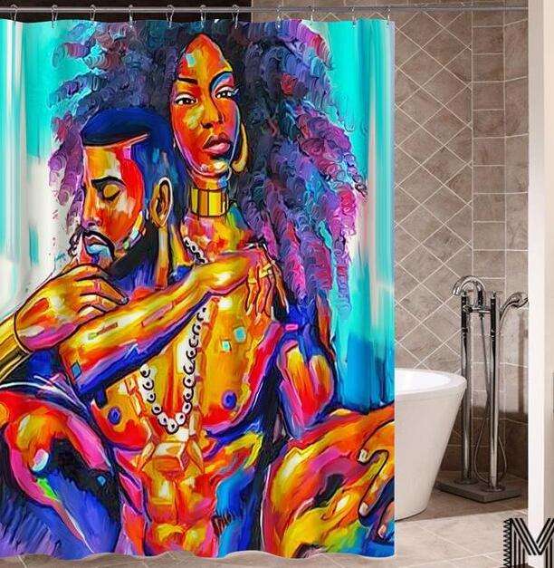 Art Design Graffiti African Girl with Black Hair with Modern Building Shower Curtain for Bathroom Decor - Minihomy