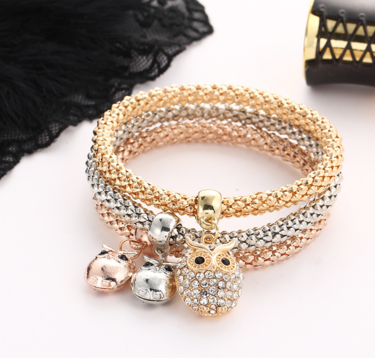 3 Pieces Set Crystal Bead Bracelet for Women Decorated with Crystal Owl Charm - Minihomy