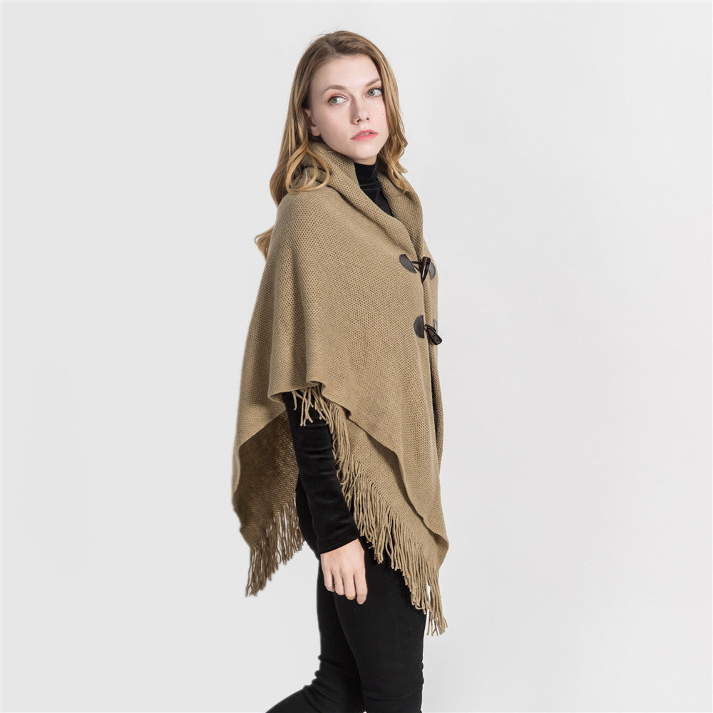 Winter Loose Kimono Cardigan Women Long Sleeveless Cap Poncho Solid Color Magic Shawl Knitted Sweater