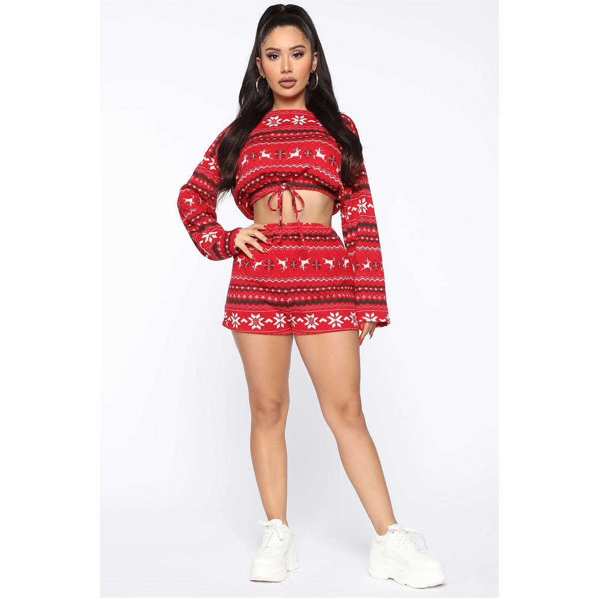 Women Christmas Pajama Sets Long Sleeve Crop Top Shorts