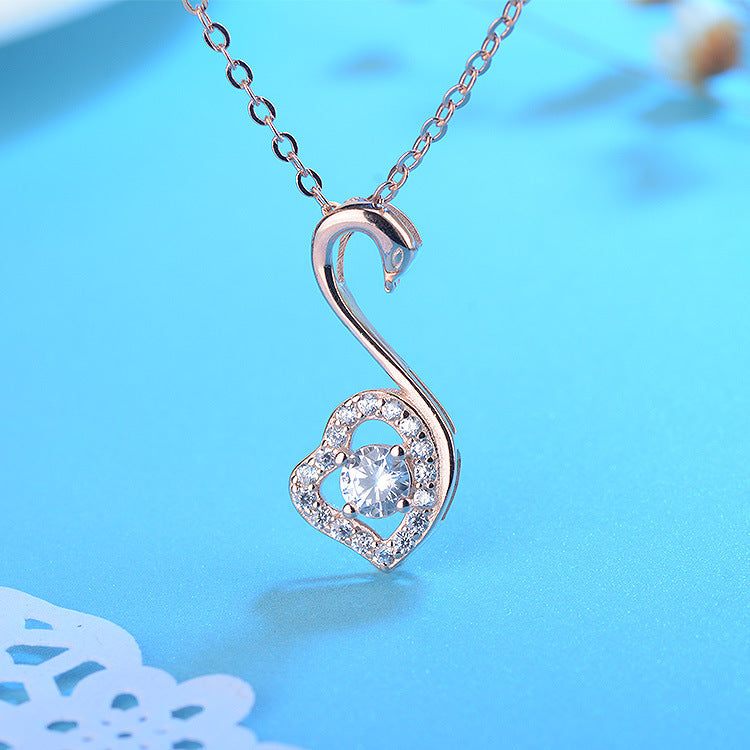 S925 Silver Necklace Zircon Diamond Swan Heart Pendant