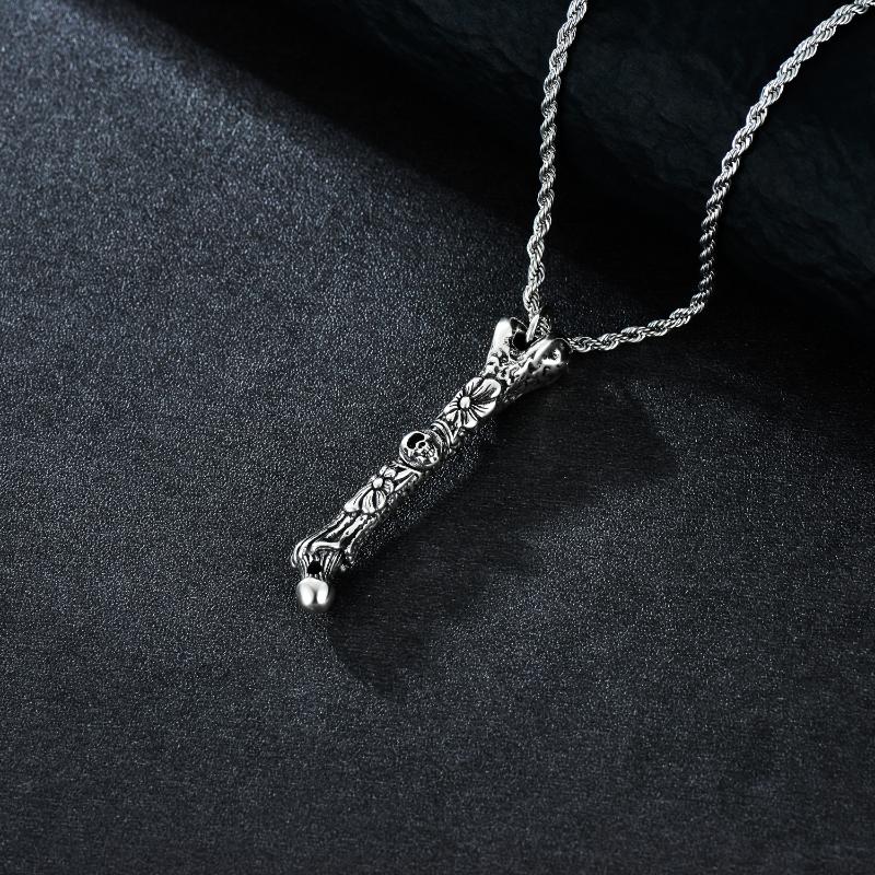 Sterling Silver Skull Matte Pendant Bone Band Flower Oxidized Necklace for Men