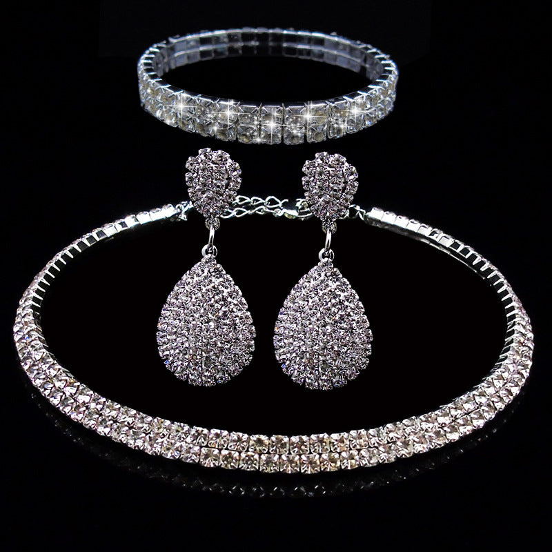 Full Rhinestone Multilayer Necklace Bracelet Drop Earring Set - Minihomy