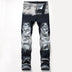 Mens Ripped Jeans Blue White Motorcycle Casual Straight Denim Pants - Minihomy