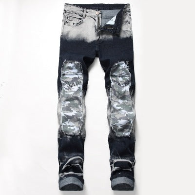 Mens Ripped Jeans Blue White Motorcycle Casual Straight Denim Pants - Minihomy