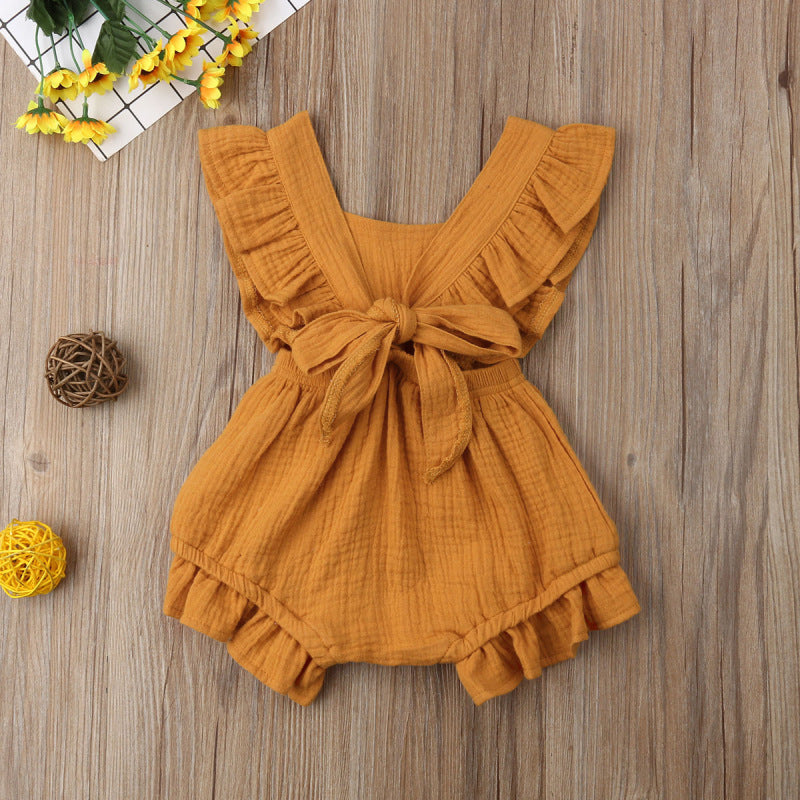 Lotus leaf lace sleeve bow baby dress - Minihomy