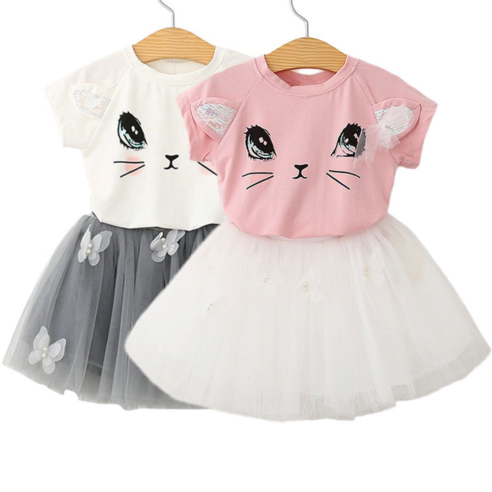 Girls Kids Cute Cat Short Sleeve T-Shirt Butterfly Beaded Puffy Skirt Set - Minihomy