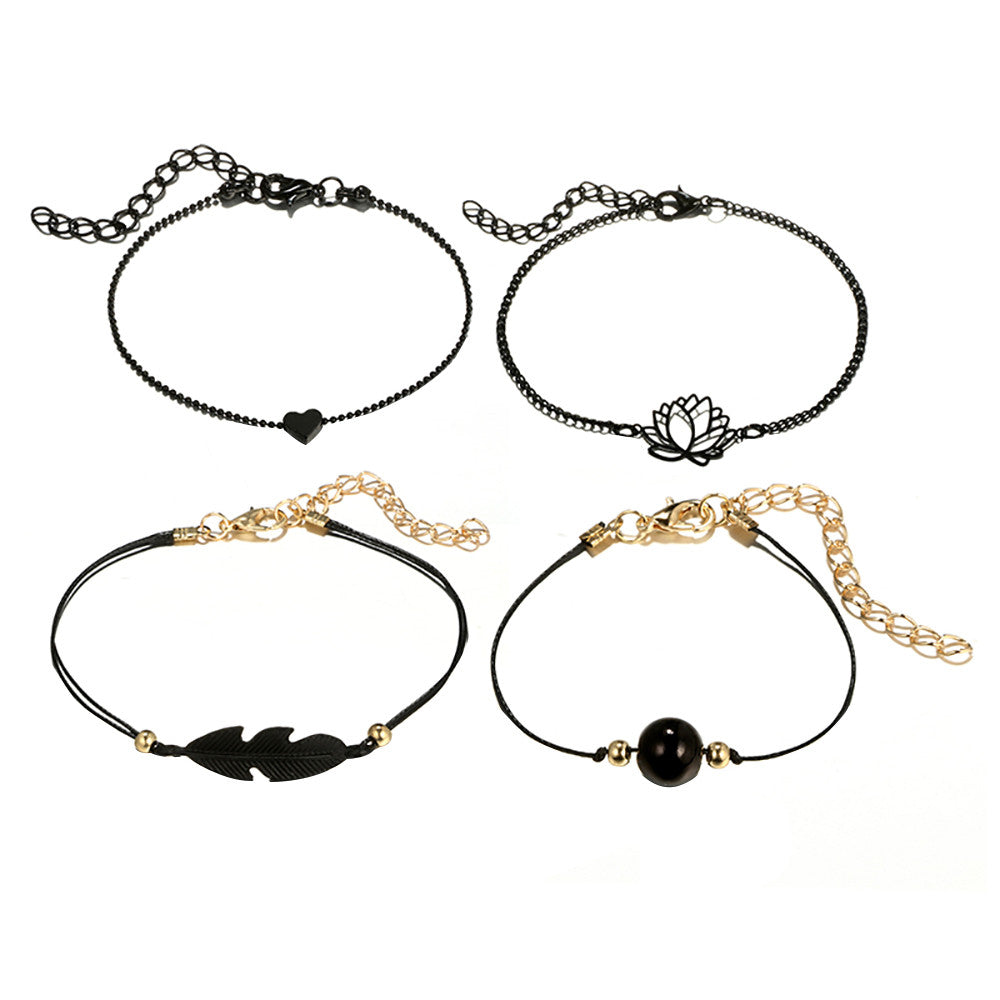 Black Love Heart Openwork Lotus Ball Leaf Bracelet Four-piece Set - Minihomy