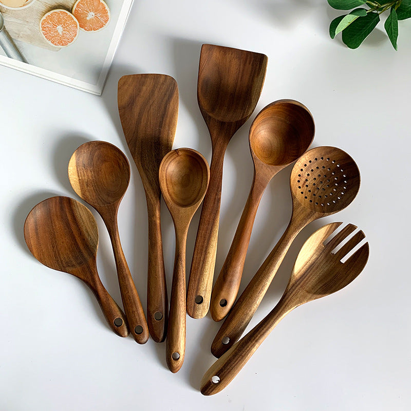 Natural Wood Tableware Spoon Ladle Turner Long Rice Colander Soup Skimmer - Minihomy