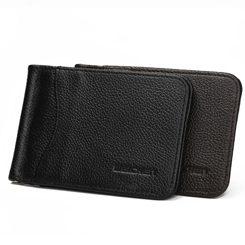 Man of men's wallet short casual embossed wallet ultra-thin mini metal clip PU leather wallet card package. - Minihomy