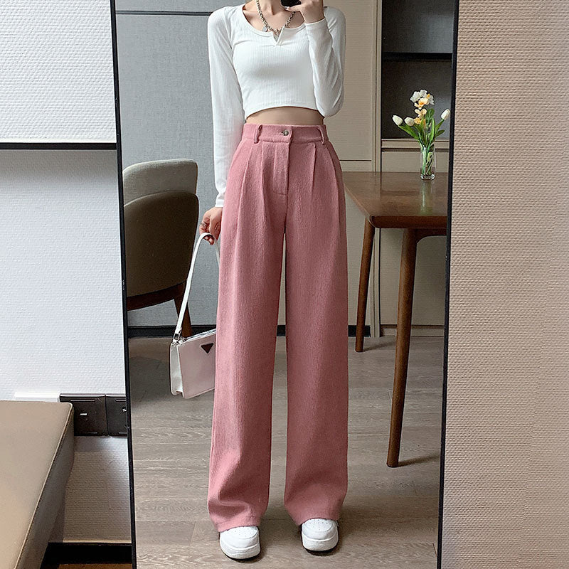 Corduroy Wide Leg Pants High Waist Loose Straight Drape Casual Retro - Minihomy