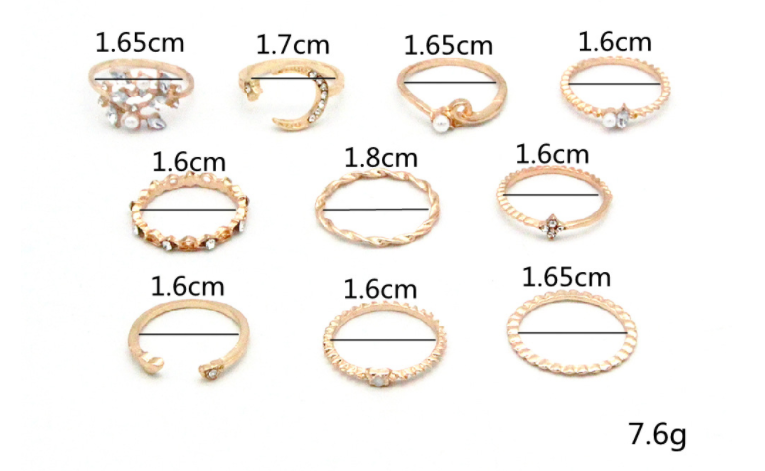 Bohemian Star Moon Love Pearl Leaf 10-Piece Ring - Minihomy