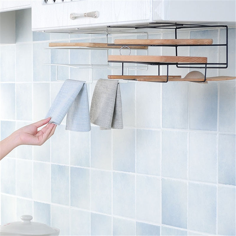 Kitchen Double Layer Towel Rack Hanging Holder Cabinets Shelf Chopping Board Storage Rack Hanger Shelf Kitchen Accessories - Minihomy