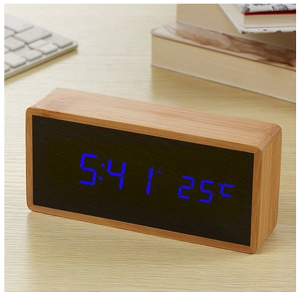 Bamboo Wooden Mirror Alarm Clocks Temperature Sounds Control Desktop Clock - Minihomy