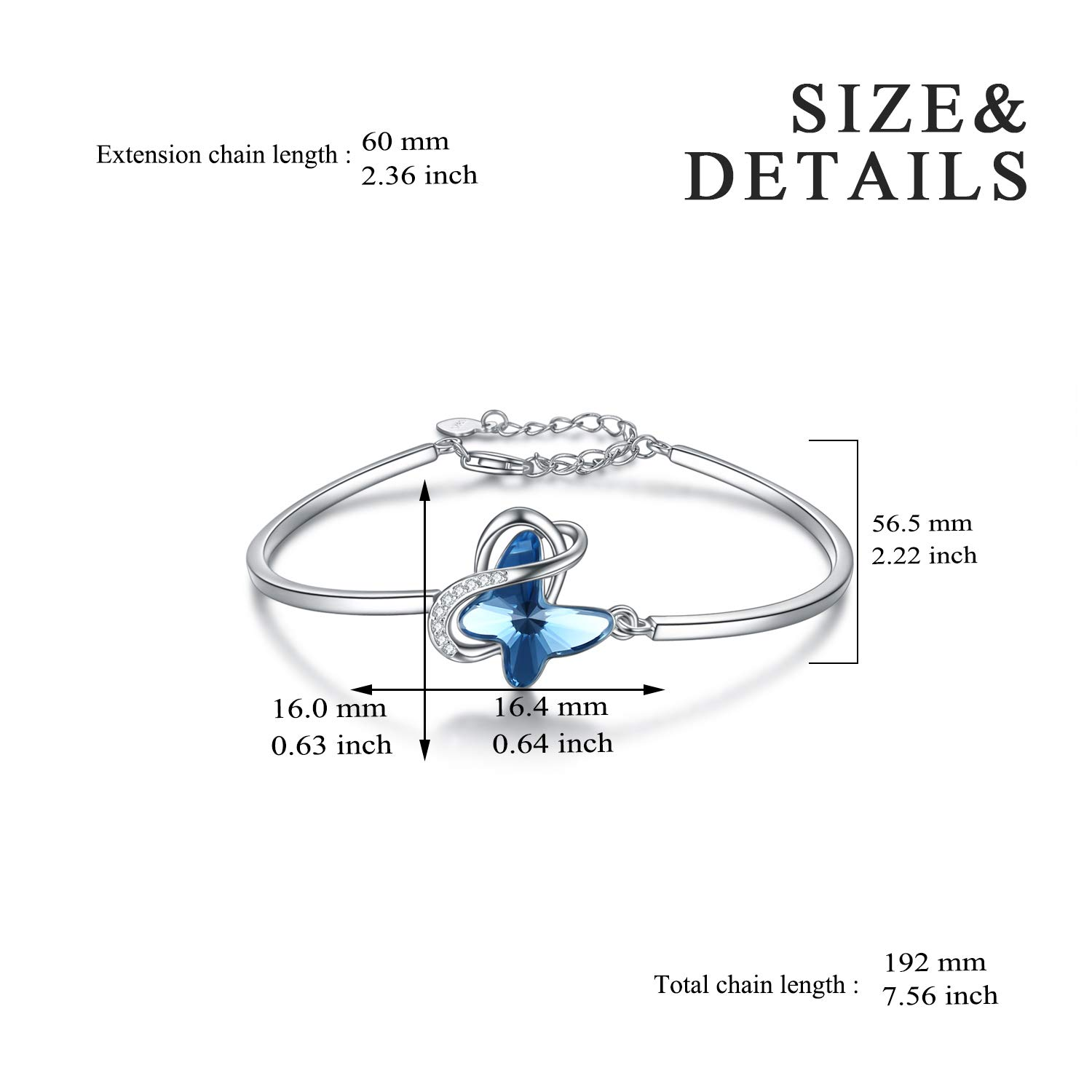 Sterling Silver Blue Butterfly Crystal Bracelet Bangle for Women