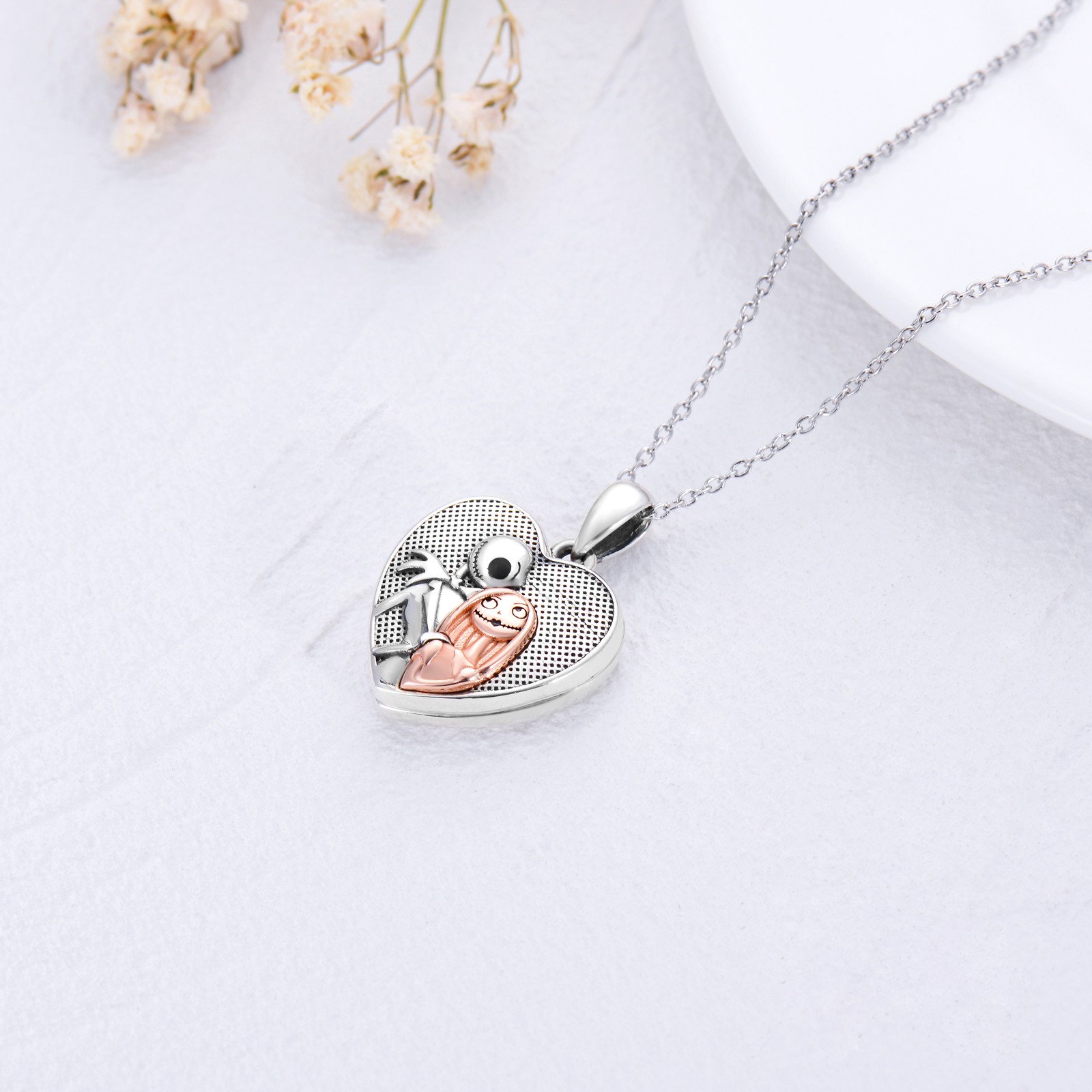 Sterling Silver Halloween Heart Pendant Photo Locket Necklace Gift for Her