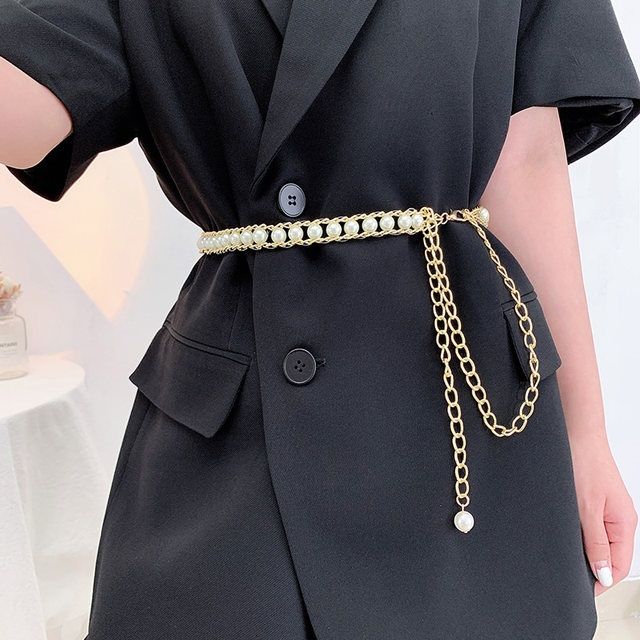 Elegant All-match Pearl Aluminum Chain Summer Dress With Belt Ladies - Minihomy