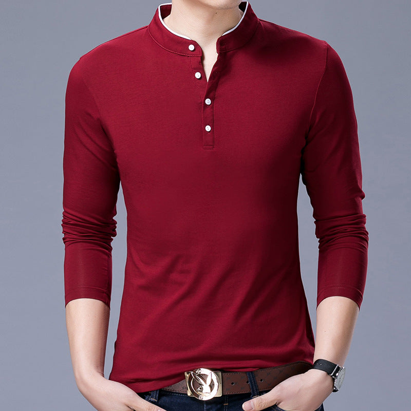 Mens Coton Stand Collar Long Sleeve T-Shirt - Minihomy