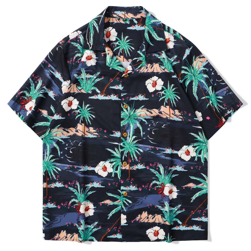 Men Short Sleeve Shirts Vintage Flower Print Streetwear Retro Summer Man Blouse - Minihomy