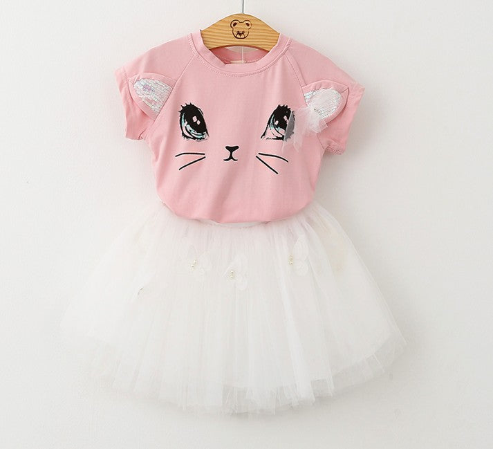 Girls Kids Cute Cat Short Sleeve T-Shirt Butterfly Beaded Puffy Skirt Set - Minihomy