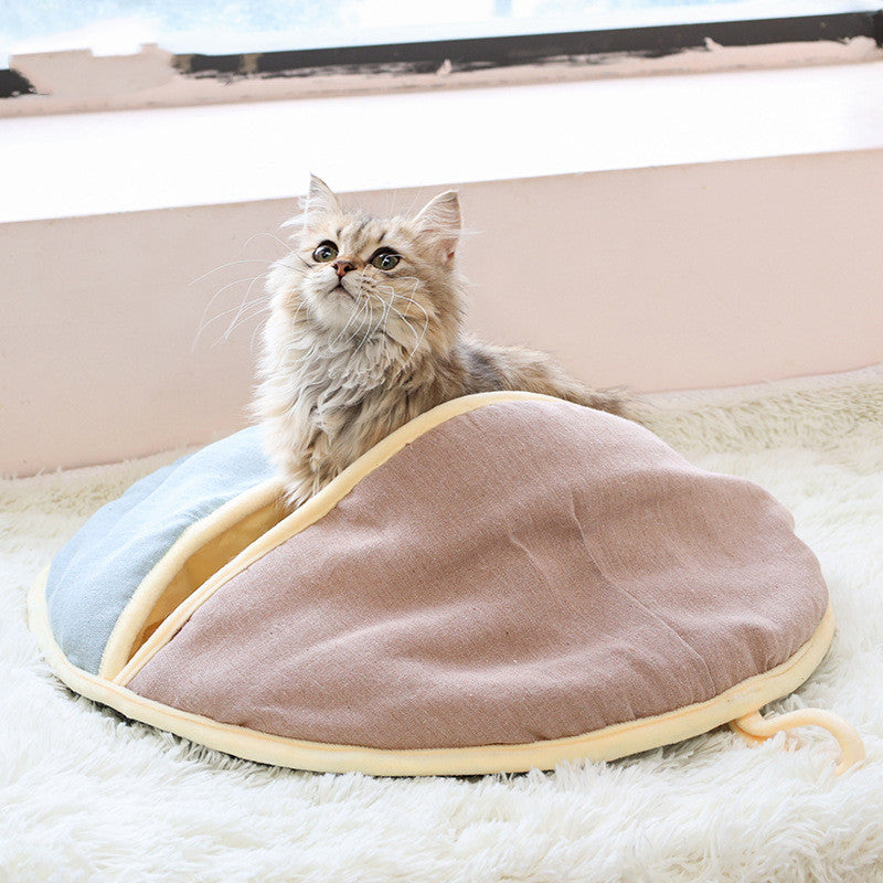 Round Fan Cotton And Linen Wool Warm Semi Enclosed Pet Nest For Cat Small Dog