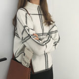 Core-spun high neck plaid sweater sweater top women - Minihomy