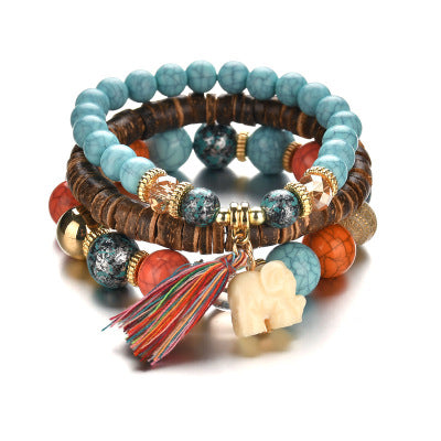 Bohemian Elephant Fringed Pendant Wood Beads Multi-layer Bracelet - Minihomy