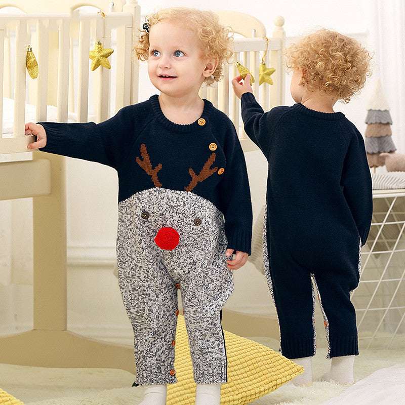 Boys and girls knitted cartoon deer romper Christmas sweater - Minihomy