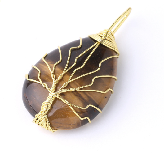 Natural Stone Pendant Gold Color Wire Wrap Gem - Minihomy