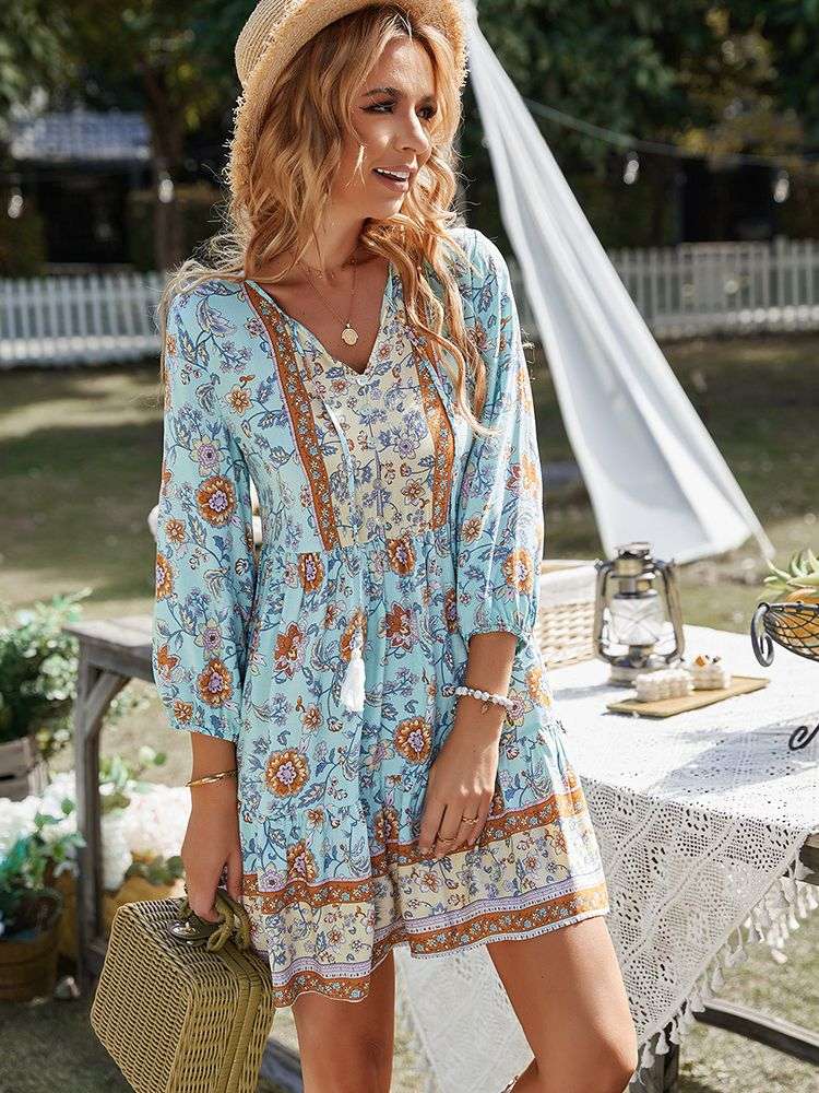 Boho Print Button V-Neck Long Sleeve Fringe Dress - Minihomy