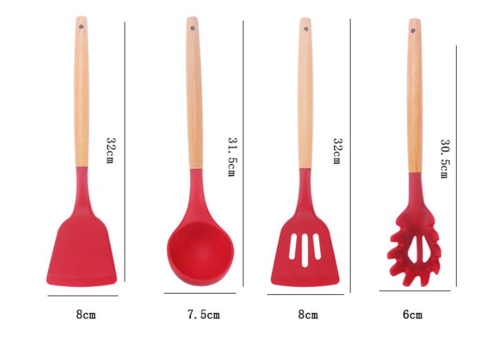 11 Piece Set Of Silicone Kitchenware With Wooden Handle In Storage Bucket - Minihomy