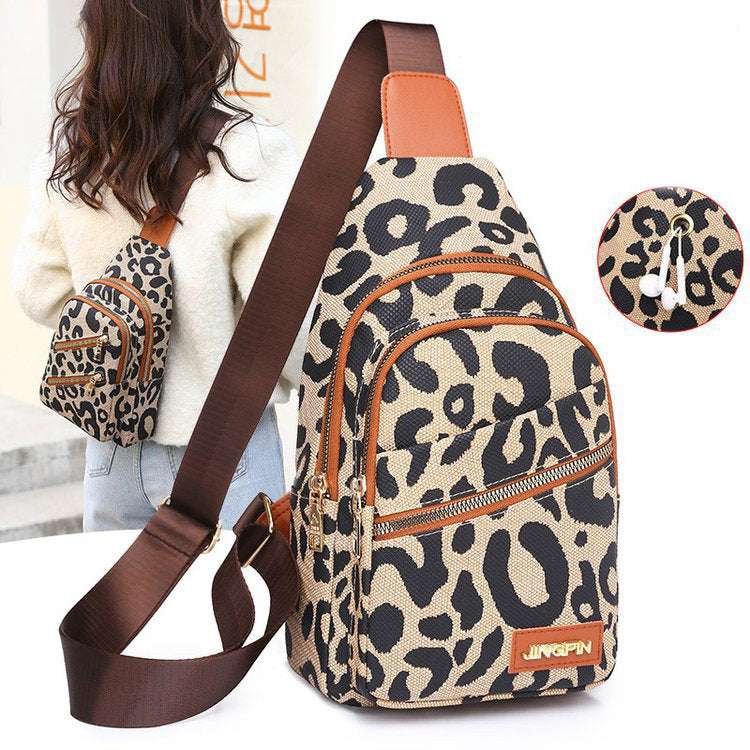 Leopard Print Sling Chest Bag With Headphone Jack Crossbody Backpack Shoulder Bag Women - Minihomy