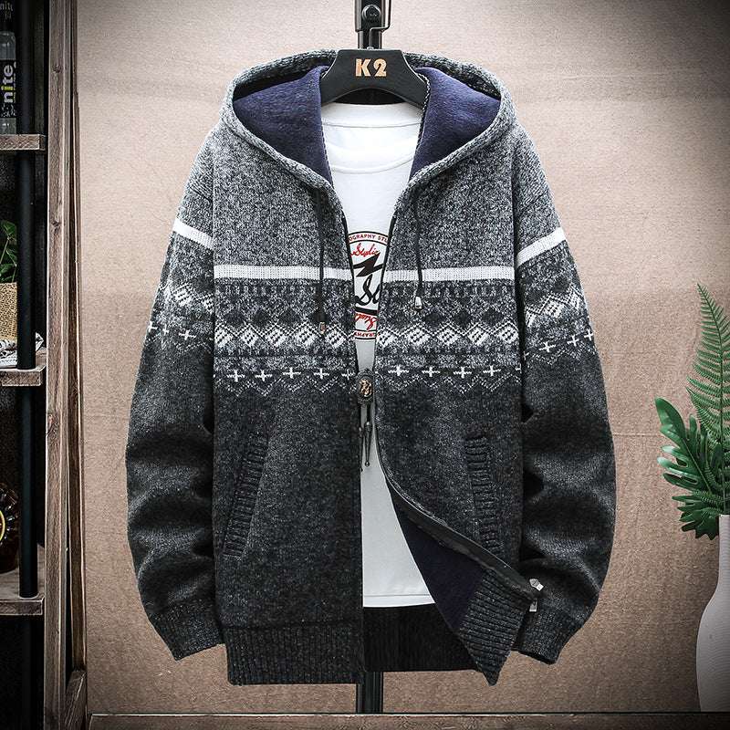 Hooded Cardigan Knitted Thick Plus Fleece Sweater Men - Minihomy