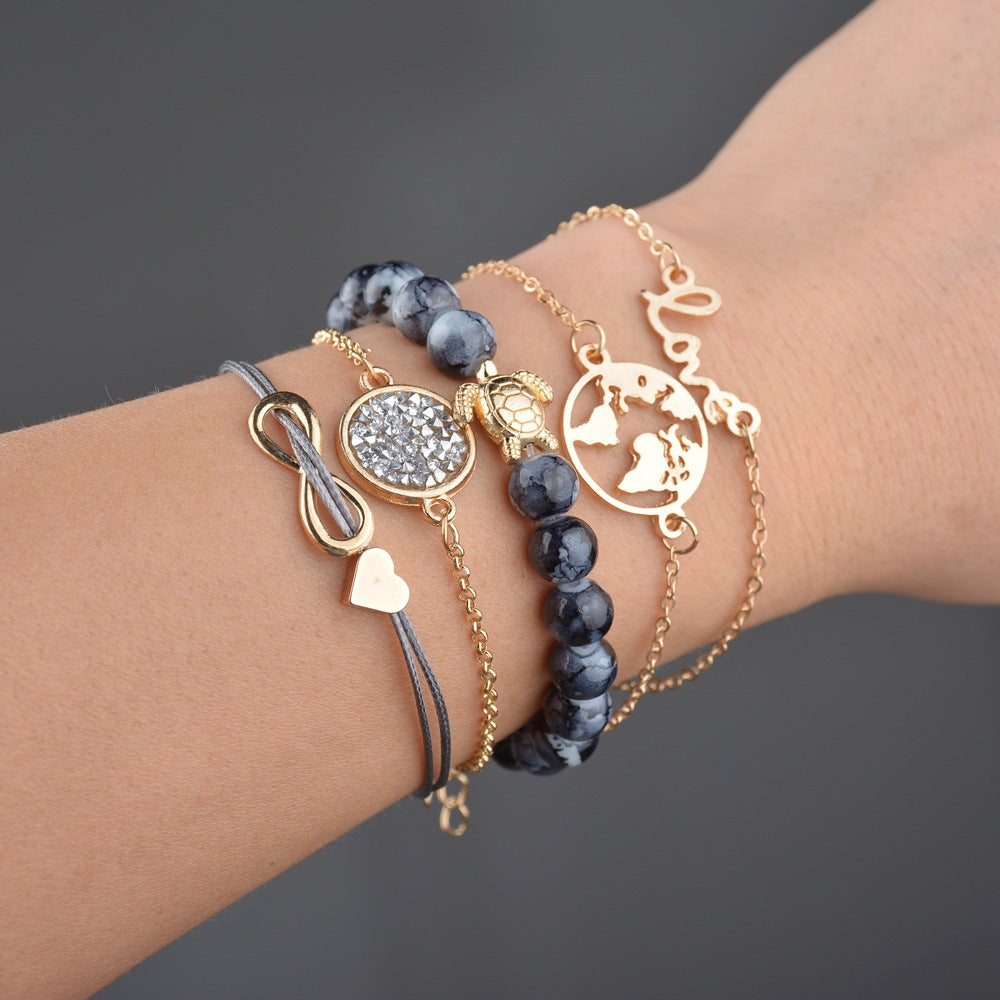 Vintage Turtle Heart Map Charm Bracelets Set For Women