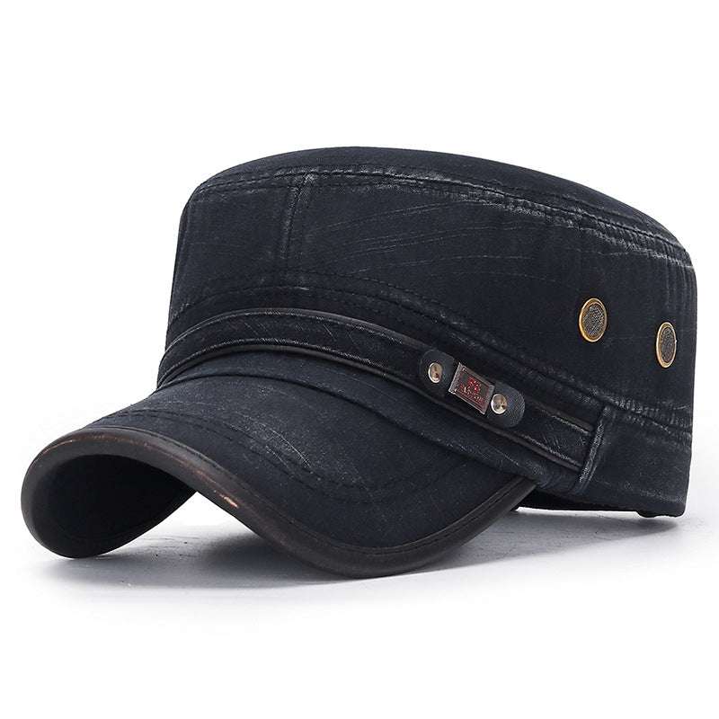 Distressed Flat-top Leather-trimmed Vintage Cotton Hat - Minihomy