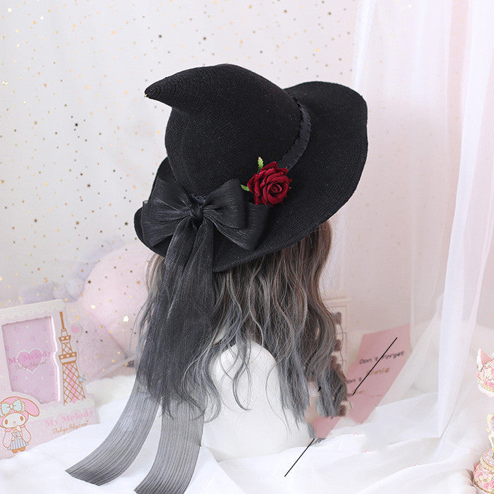 Lolita Halloween Retro Witch Hat Masquerade Rose Big Bow Wizard Hat Gothic Magical Girl Hat Cosplay Accessories Party Decor - Minihomy